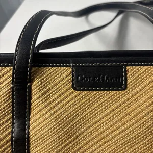 Cole Haan Purse &‎ Wallet Woven Straw Black Faux Leather Shoulder Floral Accents thumbnail 2