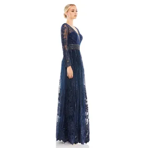 Mac Duggal Long Sleeve Floral Illusion‎ Midnight Navy A Line Gown Size 8 NWT thumbnail 2