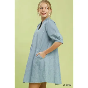 Umgee Print Denim Dress with Contrast Stitch - Small thumbnail 2