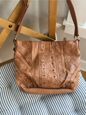 Vintage 90s Cabin Creek Tan Tooled Leather Studded Purse thumbnail 12