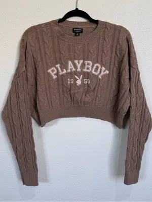 Playboy X Pacsun Cable Knit Cropped Sweater S Brown Y2k Preppy Varsity Coquette thumbnail 2