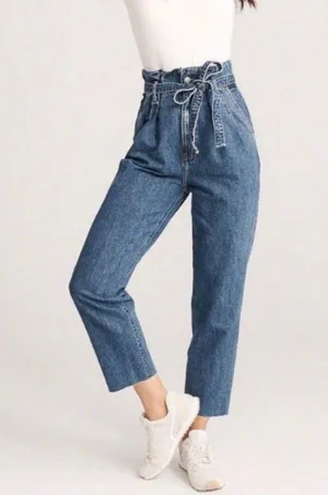 Abercrombie & Fitch Women's High Rise Mom Paperbag Waist Belted Jeans Blue Sz 32 thumbnail 8