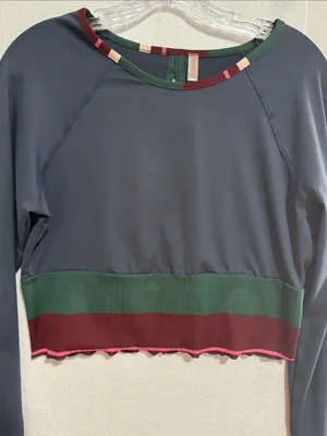 Free People Navy Cropped Long-Sleeve Top Open Back with Green and Burgundy Trim thumbnail 3