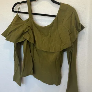 Anthropologie Postmark Olive‎ Green One Shoulder Ruffle Long Sleeve Top Shirt Sm thumbnail 7