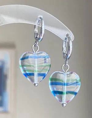 Handmade retro vintage fairy whimsical style quality Czech glass heart beads dangle earrings🩵 thumbnail 1