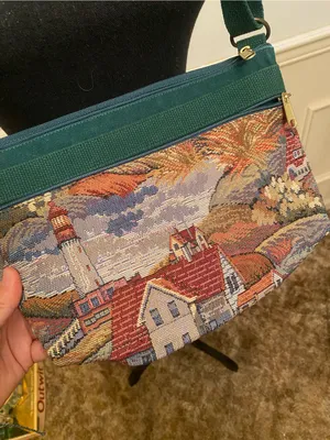 Scenic Tapestry Green Crossbody Bag with Village Motif My Maine Bag Embroidered thumbnail 2