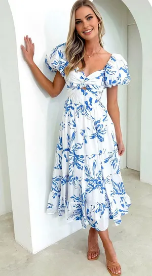 Commense Girly Cottage Fairy Puff Sleeve Twist Detail Midi Dress Blue M thumbnail 1