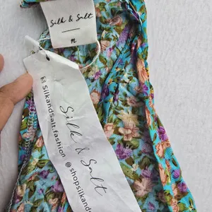 Silk & Salt‎ NWT Teal Floral Halter Maxi Dress Tie Waist Double Slit Medium thumbnail 7