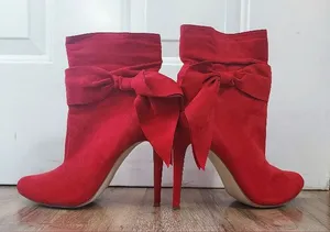 Vegan Suede Shoe Dazzle Lipstick Red Stilletto Ankle Boots w/ Bow Women's Sz 10 thumbnail 1