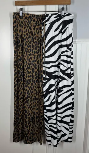 EMY Ave Leopard & Zebra Print Wide leg pants Brown/Black & White Large XL fun thumbnail 1