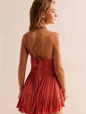 Free People Brielle Coral Tie-Front Ruffle Romper NWOT Large thumbnail 5