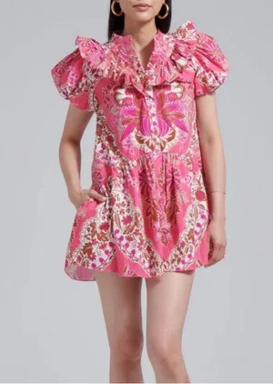 Love The Label Tatiana Floral Mini Ruffle Dress Clementine Pink Print Size Small thumbnail 1