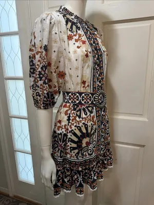 Farm Rio Flower Fan Tapestry Off-White Mini Dress Size Large. thumbnail 8