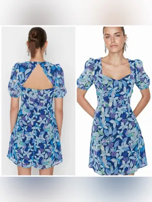 Trendyol Blue Floral Puff Sleeve Open Back Mini Dress EU 38 US 6 Small thumbnail 2