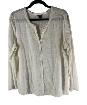Eddie Bauer Womens Long Sleeve Button-up Blouse Textured Crinkled White XL thumbnail 1