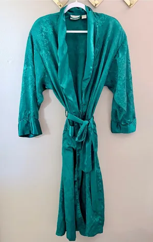 Vintage Victoria's Secret Teal Green Floral Jacquard Satin Robe P/S thumbnail 1