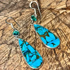 Faceted Turquoise in Copper Earrings 2 1/4” Gold thumbnail 5