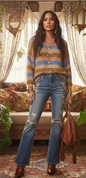 Entro Boho Glam Eyelash Knit Striped Sweater Size Large Multi-Color Fuzzy Fluffy thumbnail 1