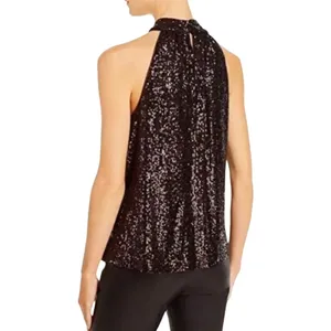 Parker Dallas Sleeveless Twist Halter Lined Burgundy Sequined Top Size Medium thumbnail 2