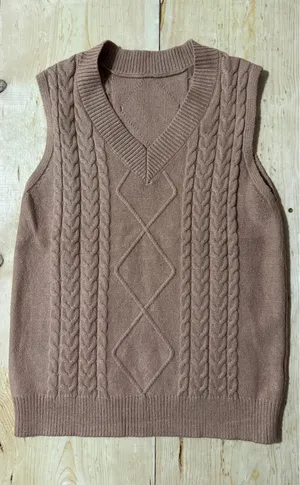 Unbranded Women's V-Neck Cable Knit Sweater Vest‎ Tan Brown Size Medium thumbnail 1