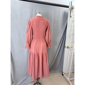 BALILN Dusty Pink Linen Maxi Dress Smocked Long Puff Sleeve Tiered Boho XL thumbnail 9