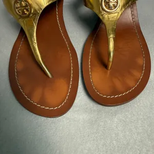 Tory Burch Miller Wedge Sandals Gold Metallic Croc Embossed Logo 8M thumbnail 7