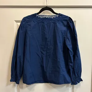 J Crew Navy Long Sleeve Top w/ Crochet Neckline Detail + Elastic Cuffs - size S thumbnail 2