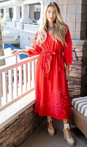 NWT Ciebon Eliza Embroidered Red Gauze Cotton A-Line Tropical Boho‎ Midi Dress thumbnail 1