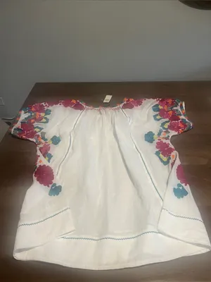 Anthropologie White Peasant Blouse with Pink Teal Yellow Floral Embroidery S NWT thumbnail 7