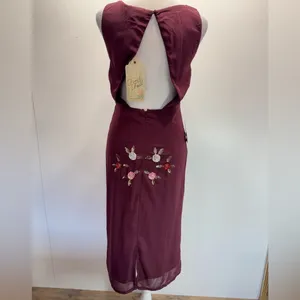 Burgundy Sleeveless Midi Dress Sequined Flowers Open Back Party Elegant Wedding thumbnail 6