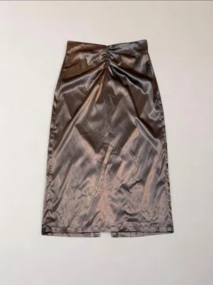 Commense Size L Chocolate Brown Satin Ruched Midi Skirt Slit thumbnail 2