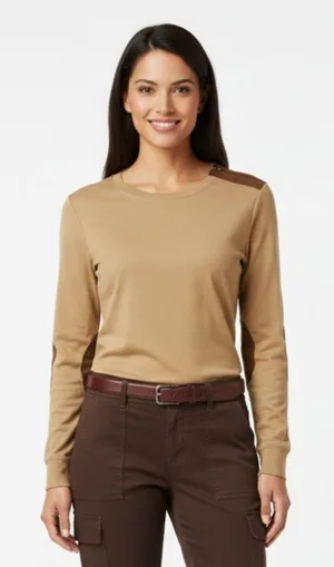 Ralph Lauren Tan Long Sleeve Cotton Leather Trim Tee T Shirt L thumbnail 1