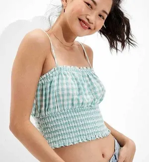 American Eagle Gingham Smocked Cami Crop Top thumbnail 1