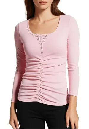 Henley Shirt Womens Size XL Light Pink Ribbed Knit‎ Lace Trim Casual Chic Soft thumbnail 1