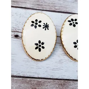 Vintage Clip On Earrings - Large Oval Cream with Black Flowers thumbnail 3