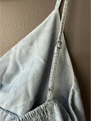 Old Navy Light Blue Denim Tank Top with Smocked Back, Size Large thumbnail 8
