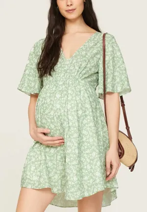Soon Green Calico Babydoll Maternity Dress LARGE Cottage Prairie Designer $180 thumbnail 1