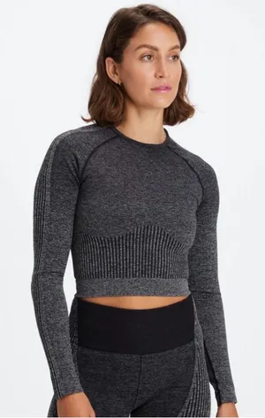 Fabletics Charcoal Gray Seamless Long-Sleeve Crop Top thumbnail 1