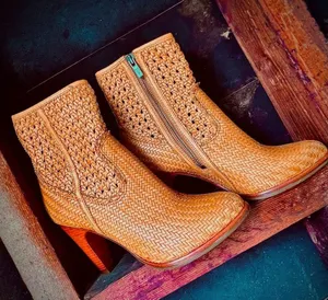 FRYE Woven Tan Leather Heeled Ankle Booties with Side Zip NWOB thumbnail 1