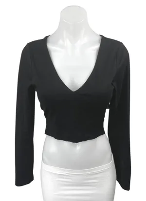 Superdown Womens Black Long Sleeve Deep V-Neck Stretch Tie Waist Crop Top Size S thumbnail 1