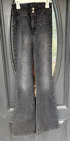 Free People We The Free High Rise Flare Jeans Washed Black Size 25 Double Button thumbnail 1