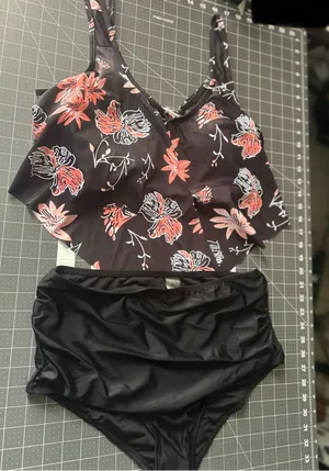Black Floral High-Waist Bikini Set - Coral & White Flowers thumbnail 1