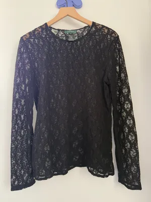 Ralph Lauren XL Crew Long Sleeve Black Top Lace Whimsigoth Gothic Floral Sheer thumbnail 1