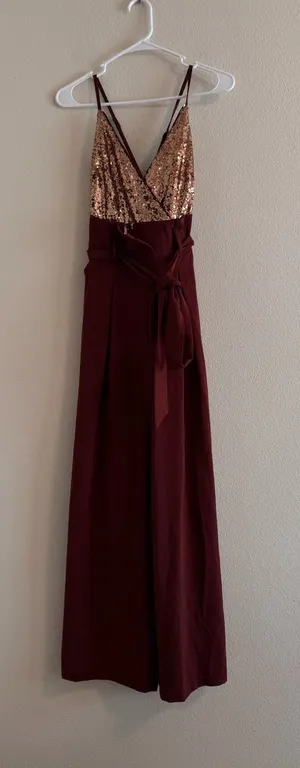 the clothing company Burgundy Jumpsuit with Rose Gold Sequin Bodice thumbnail 1