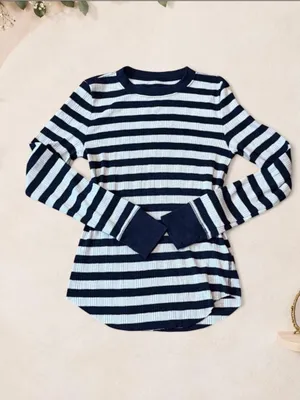 NWT Aerie Navy Striped Ribbed Long-Sleeve Top Size Medium thumbnail 6