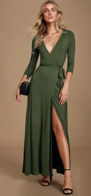 NWT Lulus Garden District Olive Green Wrap Maxi Dress - Size: Small thumbnail 1