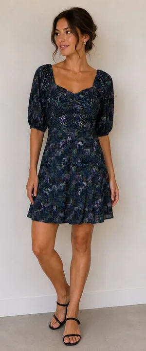 Cabi Sweetheart Neck Ruched Puff Sleeve Midi Dress Multicolor Plaid Medium thumbnail 1