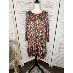 COMPANIA FANTASTICA Women's XL Satin Multicolor Floral Shift Dress Ruffle Hem thumbnail 16