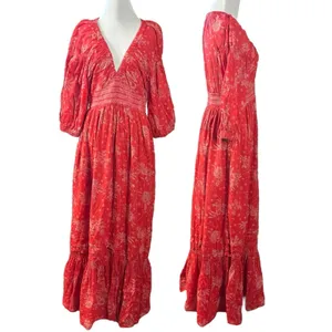 Free People Golden Hour Maxi Dress Cherry Red Large Bohemian Spring Floral 70s thumbnail 11