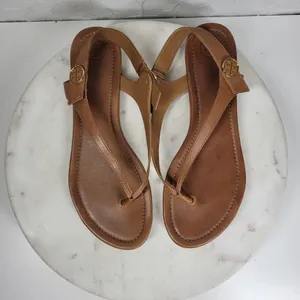 Tory Burch Minnie Leather Thong Sandals 9.5 Tan Gold Logo Medallion Flats Summer thumbnail 2